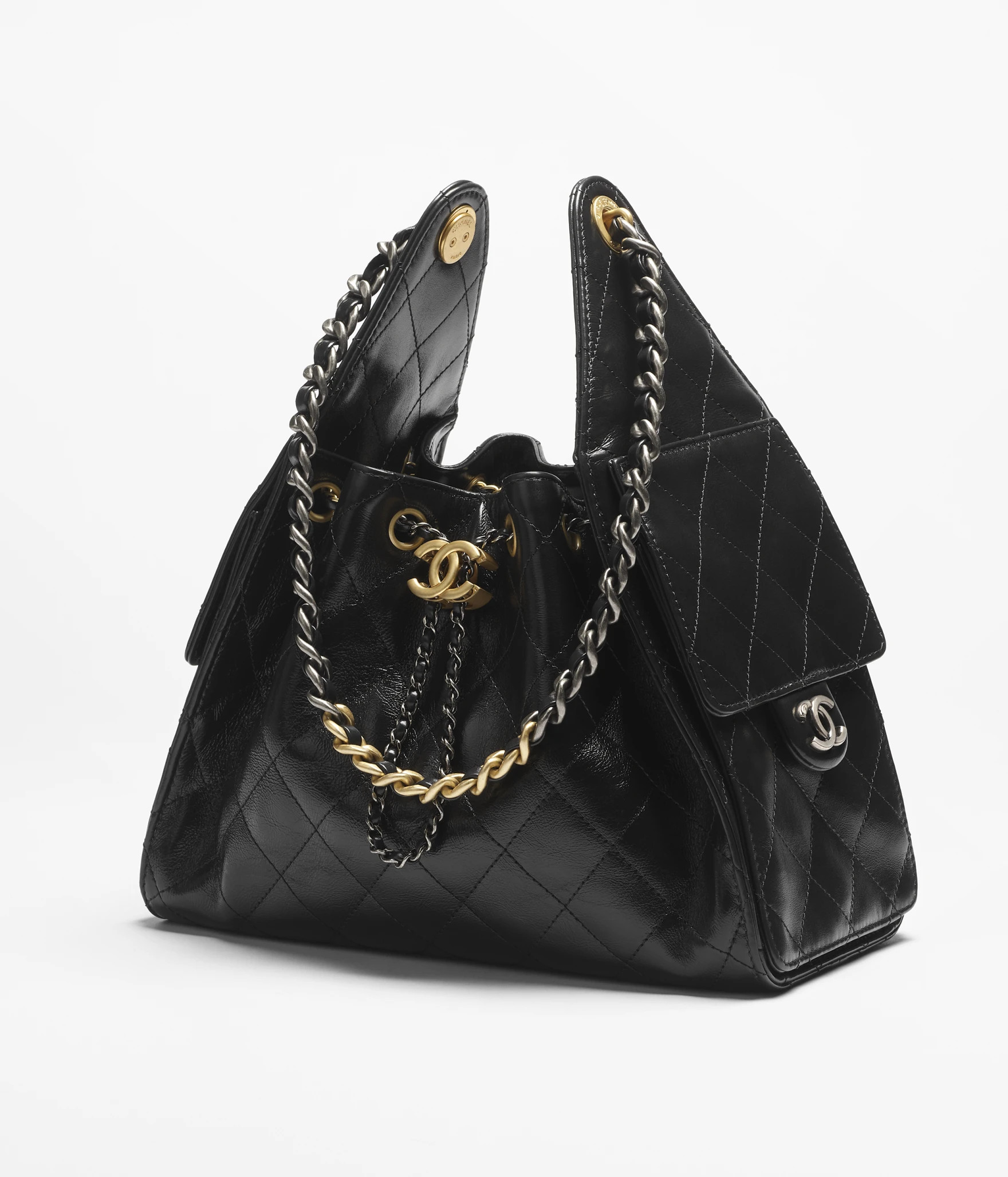 Chanel 25 small handbag, Shiny crumpled calfskin, gold-tone & ruthenium-finish metal, black — F... | Chanel, Inc. (US)