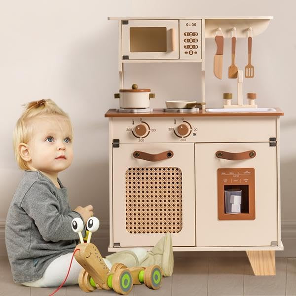 ROBUD Kids Kitchen Playset, Mocha Montessori Wooden Play Kitchen with Ice Dispenser, Pretend Todd... | Amazon (US)