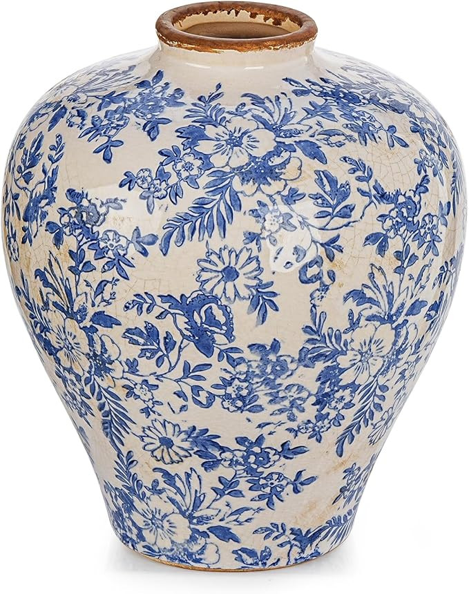 Sungmor Vintage Ceramic Flower Vase - 9.4 Inch Retro Ice Cracked Glaze Chinoiserie Vase, Rustic F... | Amazon (US)