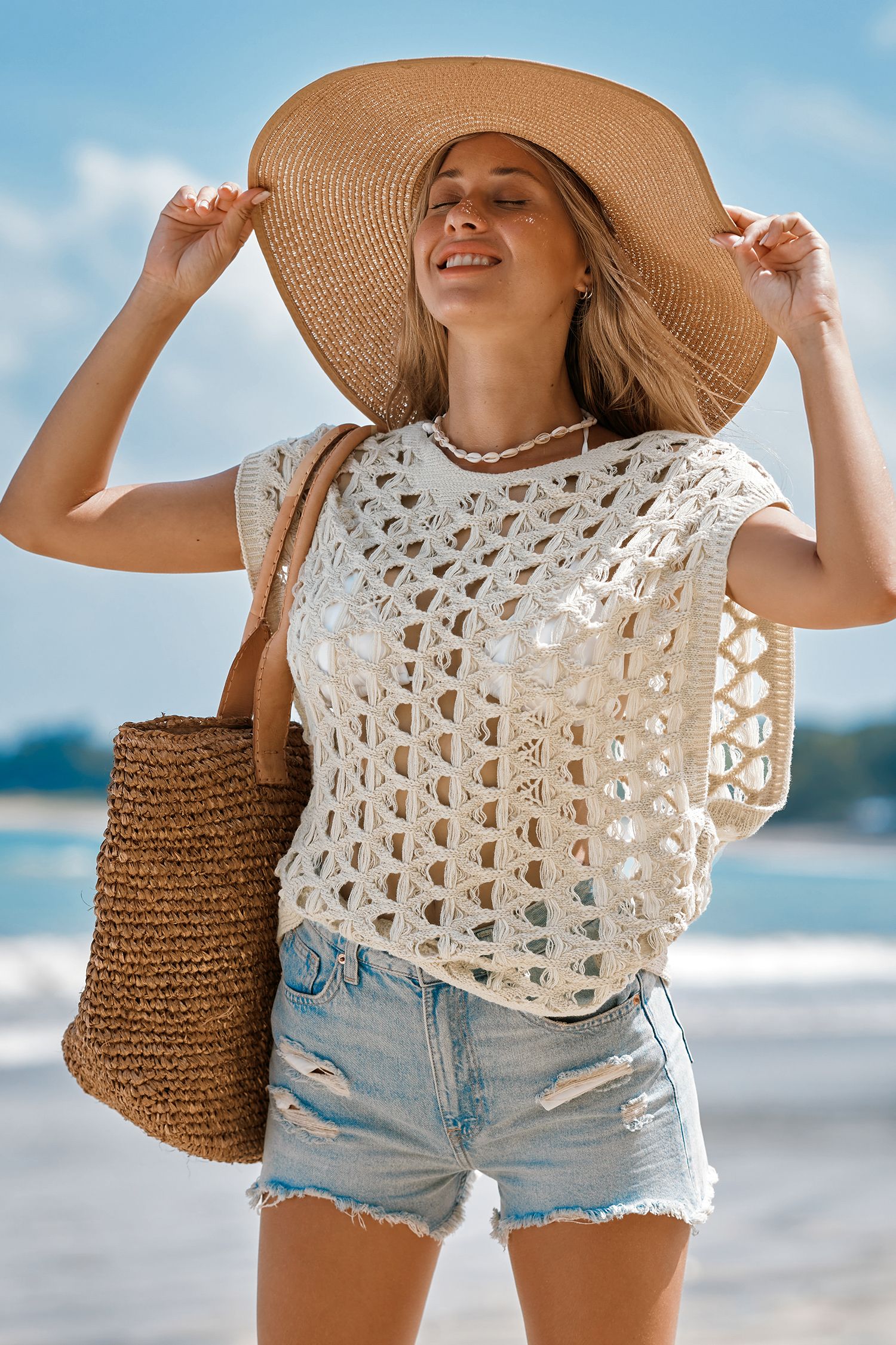 Khaki Crochet & Fray Cover-Up Top | Cupshe US