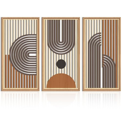 IARTTOP Large Mid Century Modern Wall Art Framed Abstract Geometric Wall Art Set of 3 Wood Boho Wall Decor for Living Room Bedroom Office 16 x32 Inch | Amazon (US)