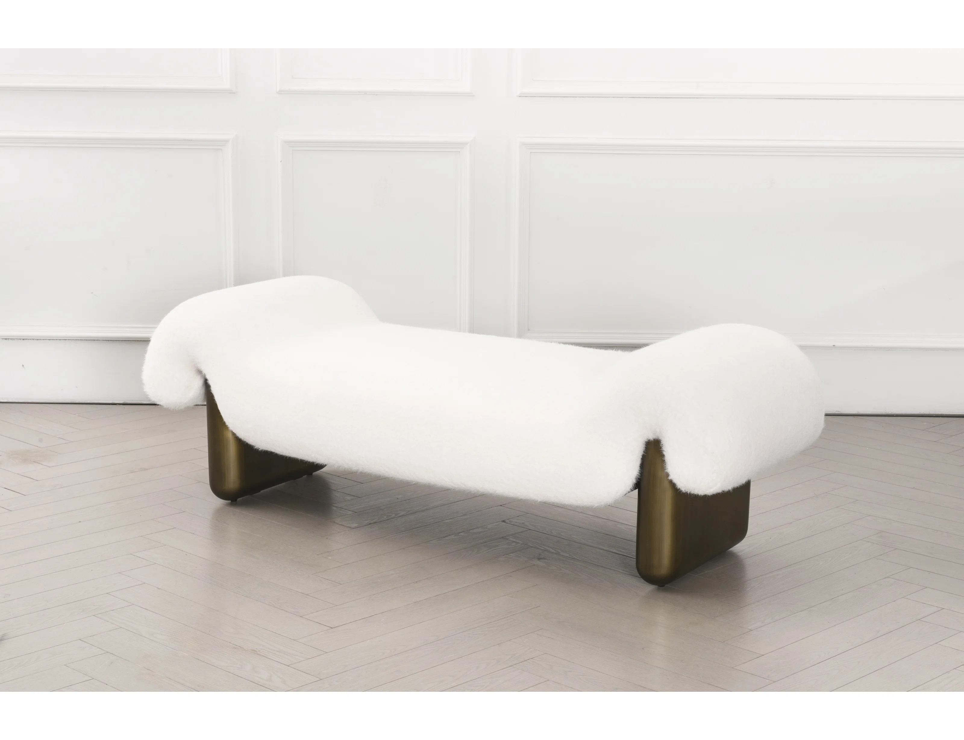 Cerryn Modern White Bouclé Bench With Sculptural Curves And Cast Iron Base | Wayfair North America