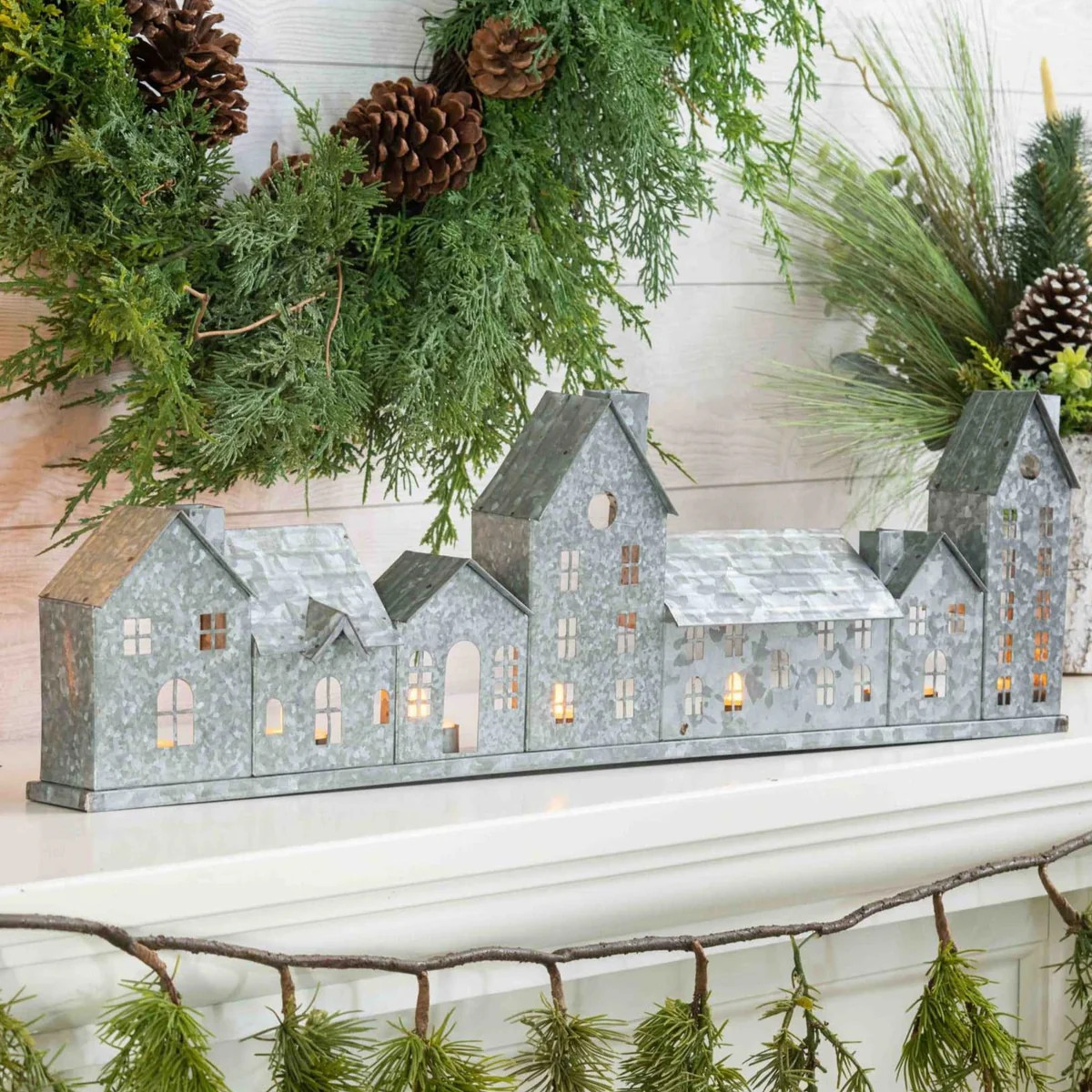 Galvanized Metal Mountain Christmas Village Votive Candle Holder Mantel Holiday Home Décor | Darby Creek Trading