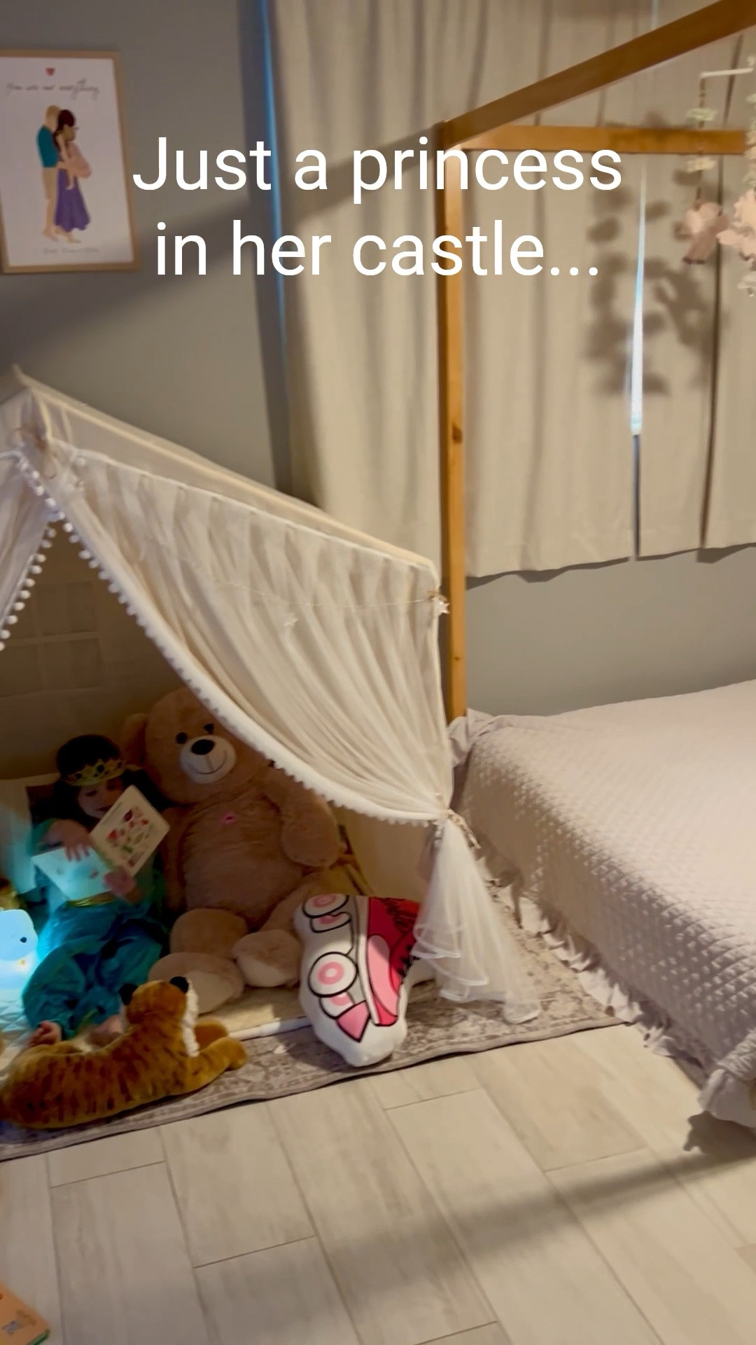Just a princess in her castle…
Reading to Raja in her tented reading nook, glowing with her puppy night light, in full Jasmine costume (we’re in our dress-up era).

Next to her floor-level queen bed—big enough for mommy snuggles, beautiful and safe enough for a princess. Her wooden dollhouse, Barbies, and favorite toys are always nearby… because royalty needs her entourage.

Linked all the cozy corners, magical must-haves, and toddler faves on LTK.

 #MontessoriBedroom #PrincessVibes #ToddlerRoomGoals #AmazonFinds #MomLifeMagic

#LTKKids #LTKFamily #LTKHome