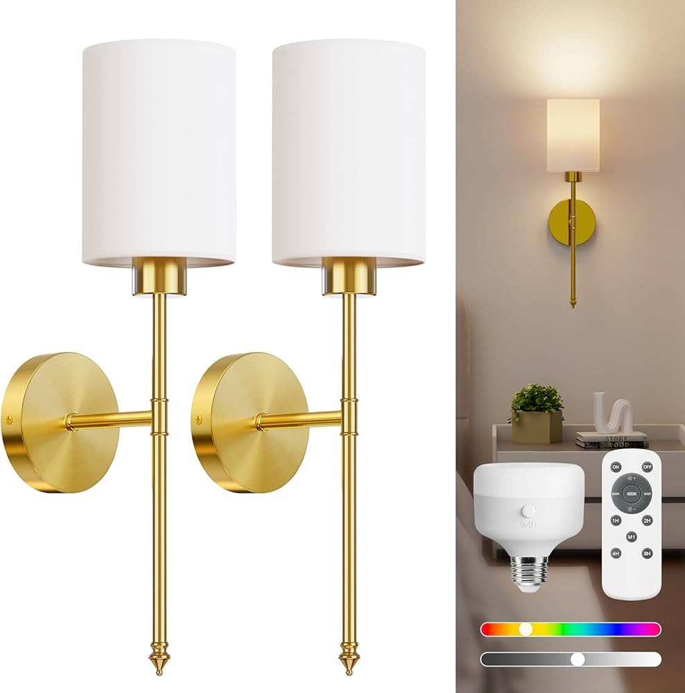 NIORSUN Battery Operated Wall Sconce Set of 2, Gold Wireless Rechargeable Wall Lights with 5200mA... | Amazon (US)
