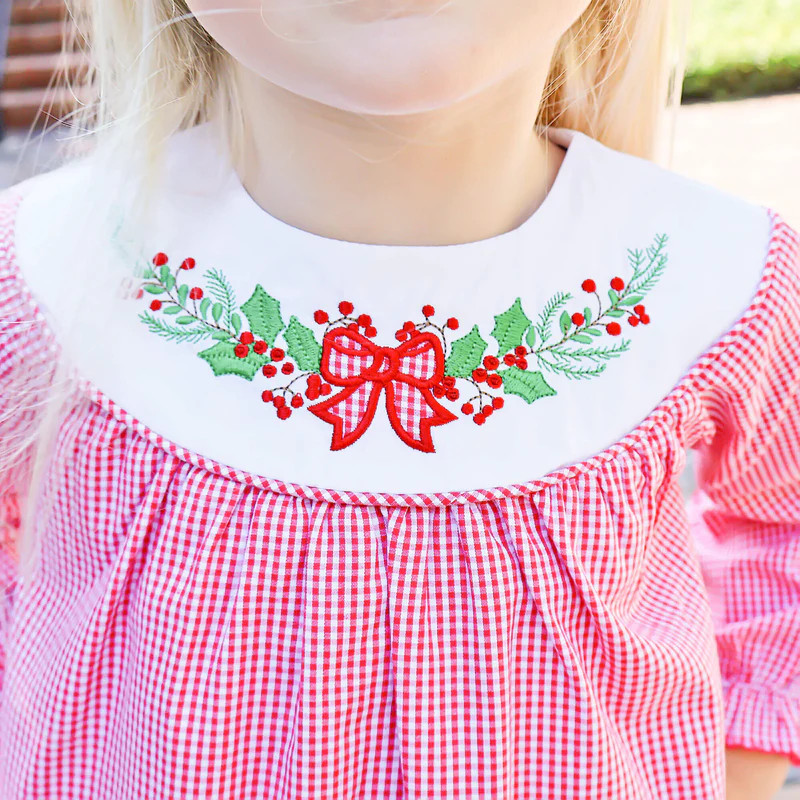 Holly Embroidered Red Gingham Yoke Legging Set | Classic Whimsy