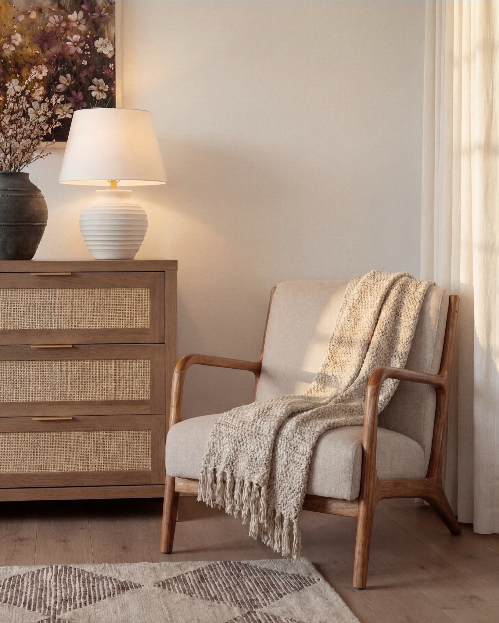 Shop the Look:
• Wood Woven rattan bed frame
• White upholstered mattress or box spring
• Black wood 3-drawer nightstands (set of 2)
• White duvet cover (hotel-style)
• White fitted sheet + pillow set
• Chunky knit throw blanket (beige or oatmeal)
• Neutral patterned accent pillow
• Brass globe wall sconces
• Cream ceramic table lamp with beige shade
• Large abstract landscape wall art (neutral tones)
•brown floral wall art
• Gold irregular curved scalloped wall mirrors
• Round woven knit poufs
• Neutral geometric or diamond area rug
• Large white ceramic vase
• Small decorative bowl (white or stone)
• Ivory linen curtain panels
•wood upholstered accent chair 
•black terracotta vase
•wood rattan dresser
•brass decor tray
•black leaf decor bowl 
•decor books

#LTKsale #LTKhome #LTKstyletip