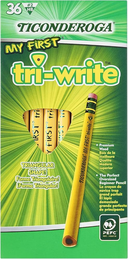 Ticonderoga My First Tri-Write Wood-Cased Pencils, Unsharpened, 2 HB Soft, With Erasers, Yellow, ... | Amazon (US)