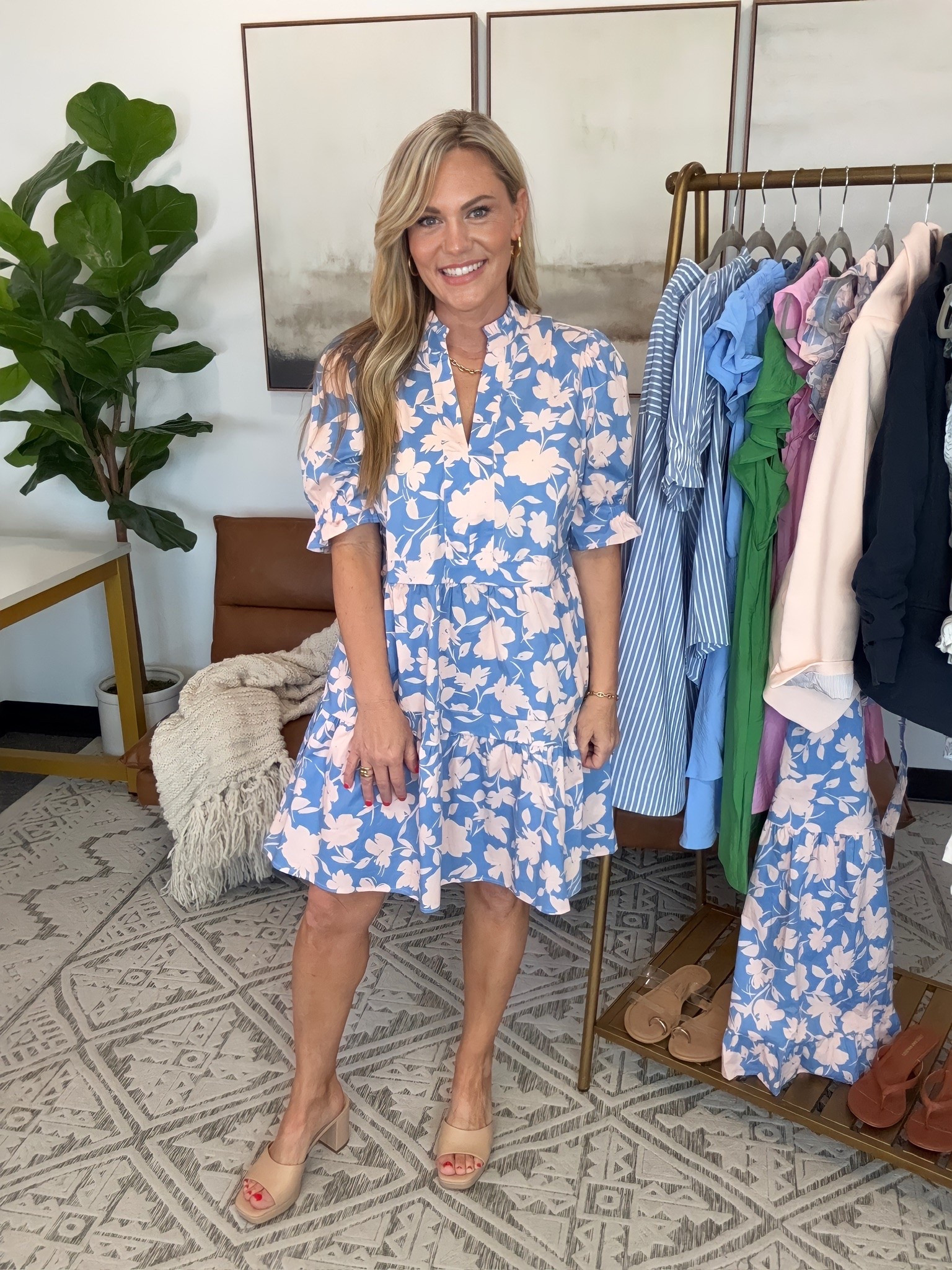 The blue and blush floral print on this Gibsonlook dress gives it a softer feel while the structured waist and puff sleeves keep the silhouette polished. I like the balance of the shorter hemline with the higher neckline because it makes the dress feel put together without needing much styling. Neutral heels work well with this color palette, but it would also pair easily with flat sandals or a lightweight cardigan.

Dress: Small  
Shoes: 7.5  
Bra Size: 34DD  
Height: 5'2  

gibsonlook  floral dress  blue floral dress  puff sleeve dress  feminine dress outfit  spring dress style  summer outfit  wedding guest dress  brunch outfit  shower outfit  pastel dress  petite style  elevated casual outfit  polished feminine style  floral print dress  everyday dress outfit  AudrieDollins

#LTKOver40 #LTKPetite #LTKootd