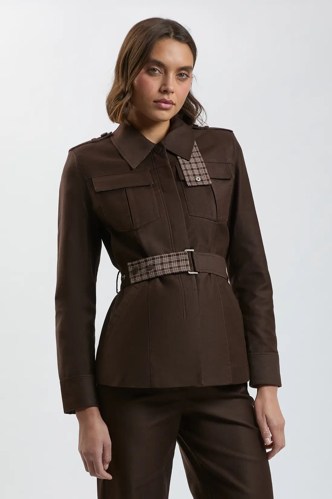 Stretch Twill Belted Safari Tailored Jacket | Karen Millen