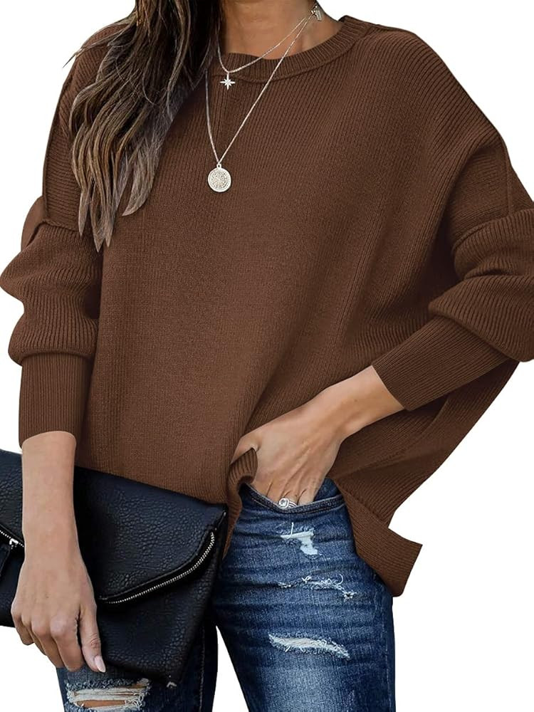 Prinbara Women Crewneck Batwing Sleeve Oversized Side Slit Ribbed Knit Pullover Sweater Top | Amazon (US)