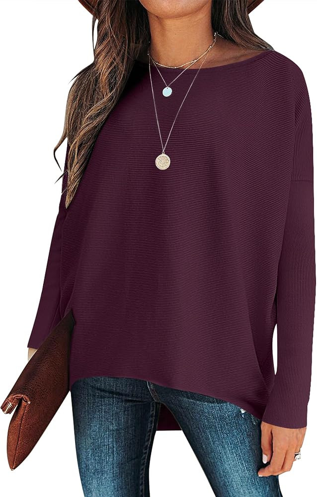 ANRABESS Women's Oversized Sweater Casual Boat Neck Long Batwing Sleeve Asymmetric Hem Knit Slouc... | Amazon (US)