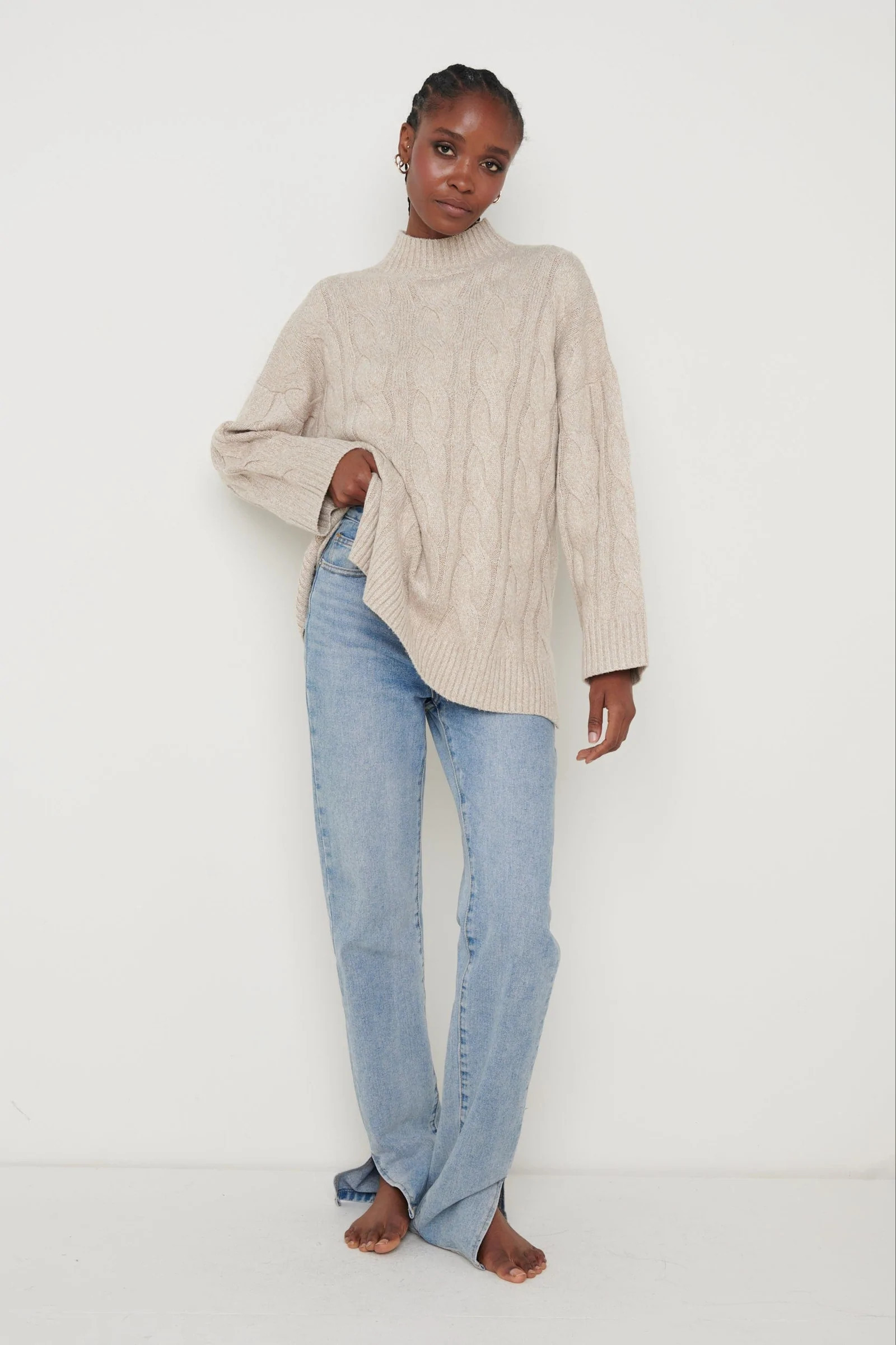 Caprice Cable Knit Roll Neck Jumper - Beige | Pretty Lavish (UK)