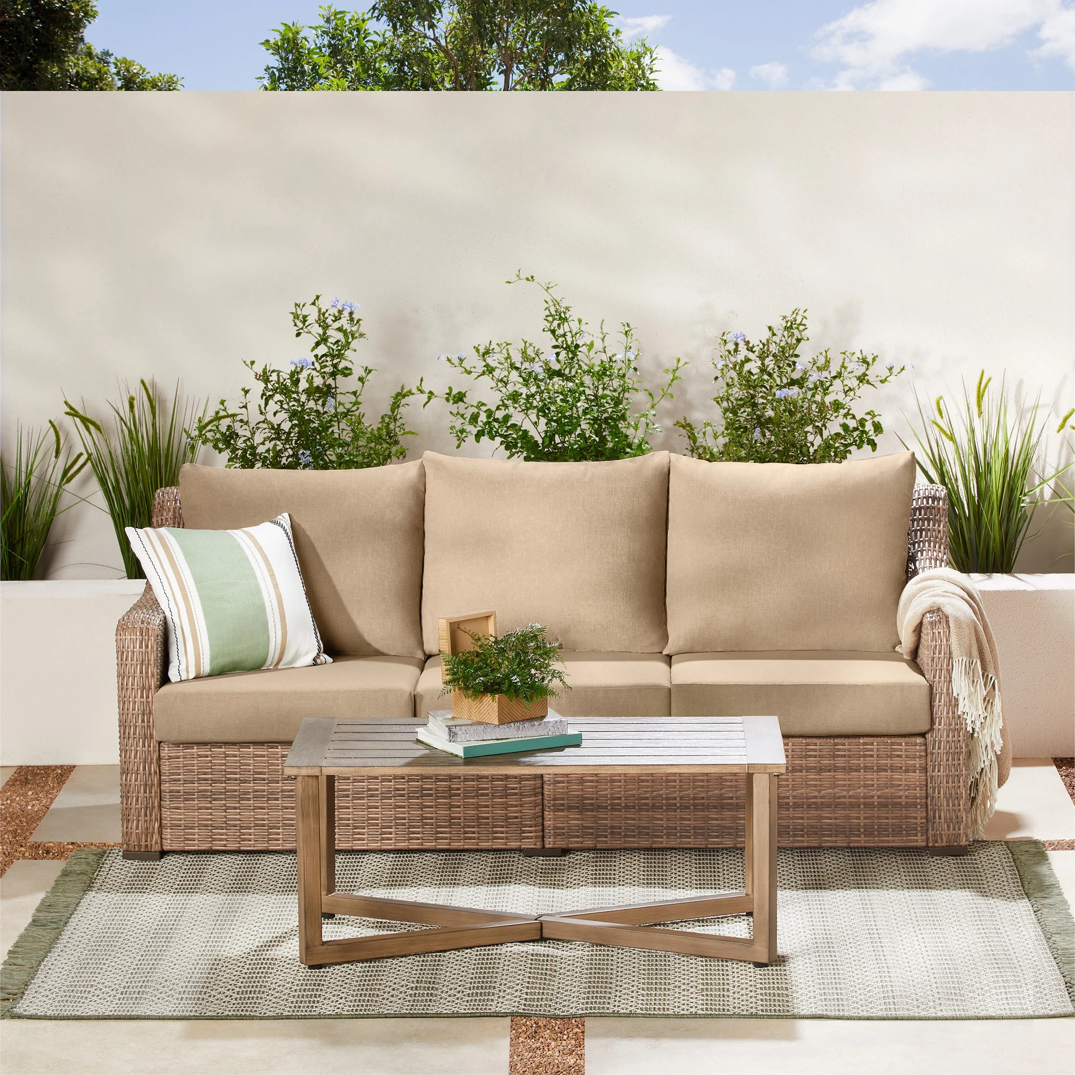 Better Homes & Gardens Hawthorne Park Outdoor Sofa and Coffee Table with Beige Cushions | Walmart (US)