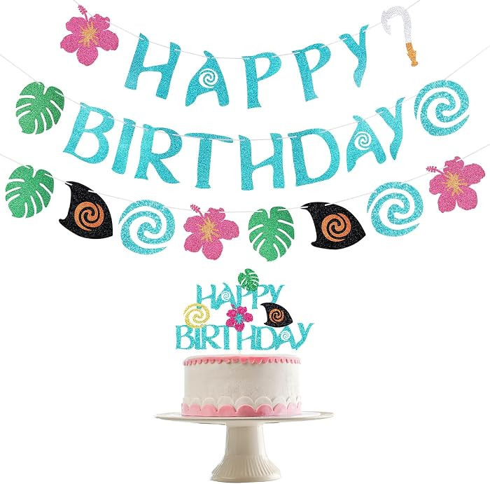 Moana Happy Birthday Banner and Happy Birthday Cake Topper Hawaiian Birthday Banner for Tropical ... | Amazon (US)