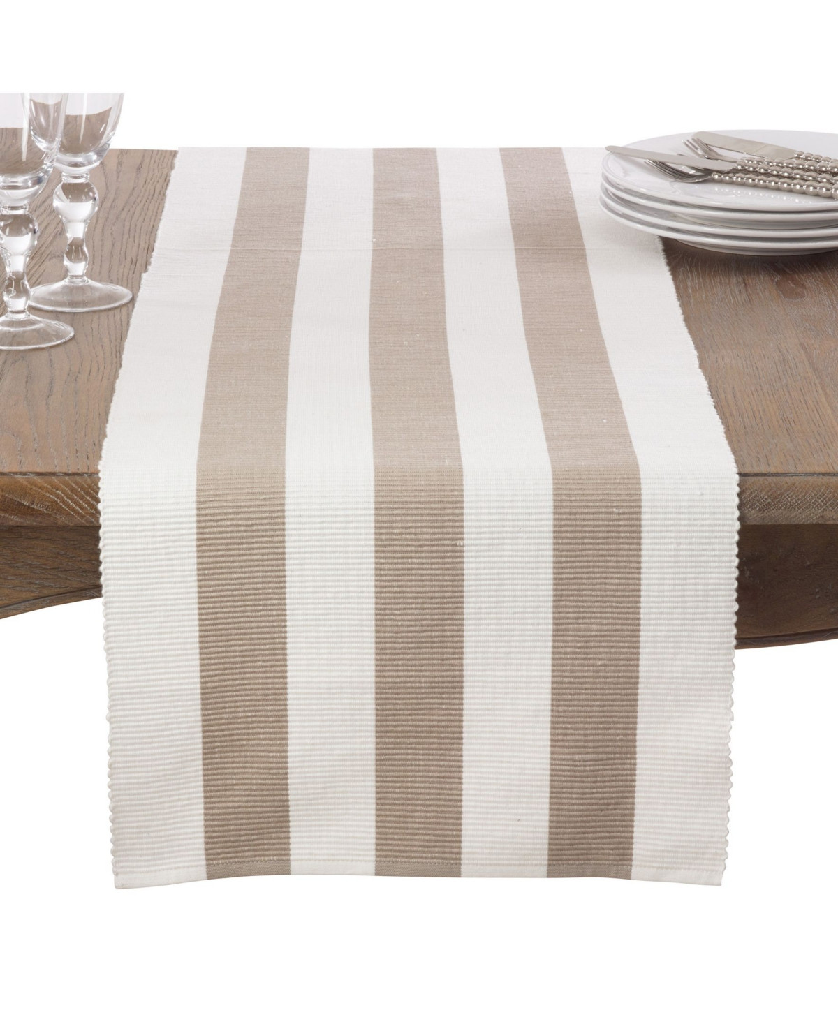 Saro Lifestyle Classic Stripe Design Ribbed Cotton Table Runner - Taupe | Macy's
