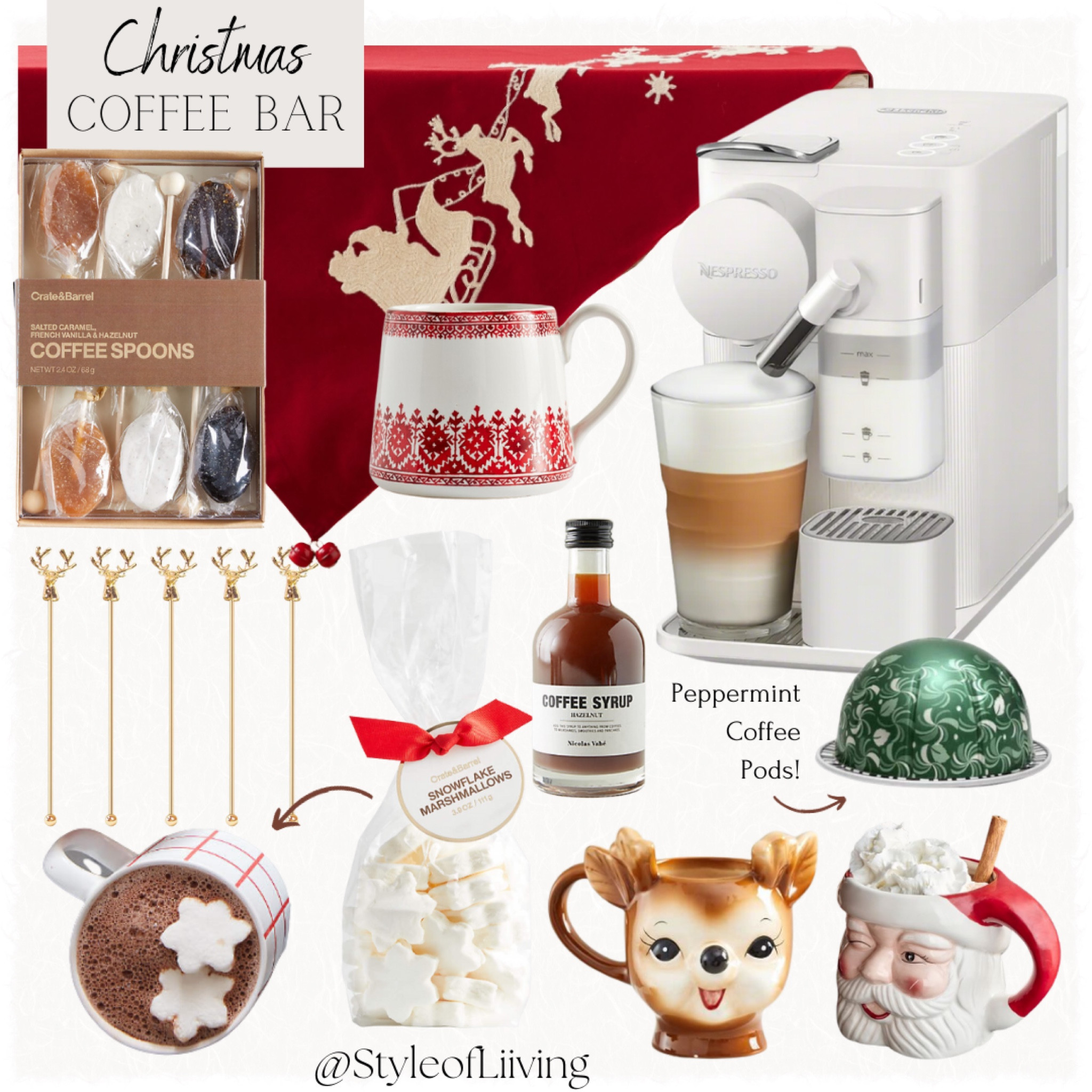 Festive coffee bar ideas for Christmas hosting! Reindeer and Santa Clause mugs, peppermint flavored espressos, snowflake shaped marshmallows, hazelnut or caramel coffee syrup, and much more!

#LTKSeasonal #LTKGiftGuide #LTKHoliday