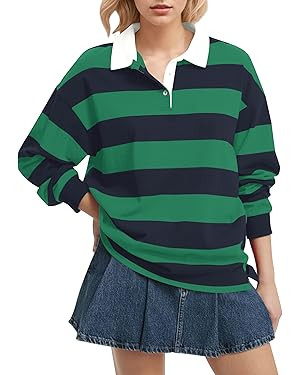Women Long Sleeve Striped Polo Shirt Oversized Collar Y2k Pullover T Shirt Casual Loose Streetwea... | Amazon (US)