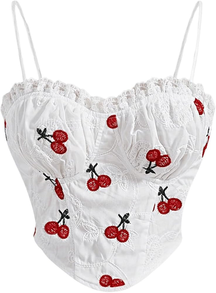 SOLY HUX Women's Plus Size Cherry Embroidery Frill Cami Crop Tops Asymmetrical Hem Bustier Top | Amazon (US)