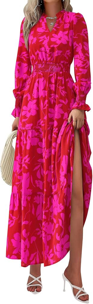 PRETTYGARDEN Women's 2025 Spring Maxi Dress Floral Long Sleeve V Neck Casual A Line Long Flowy Bo... | Amazon (US)