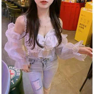 Ruffle Trim Off-Shoulder Long-Sleeve Organza Top As Shown In Figure - One Size | YesStyle Global