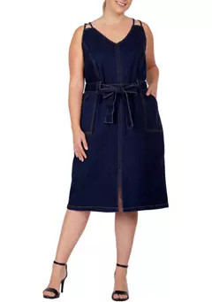 Standards and Practices Women Plus Size Denim Blue Double Strap Casual Midi Dress | Belk
