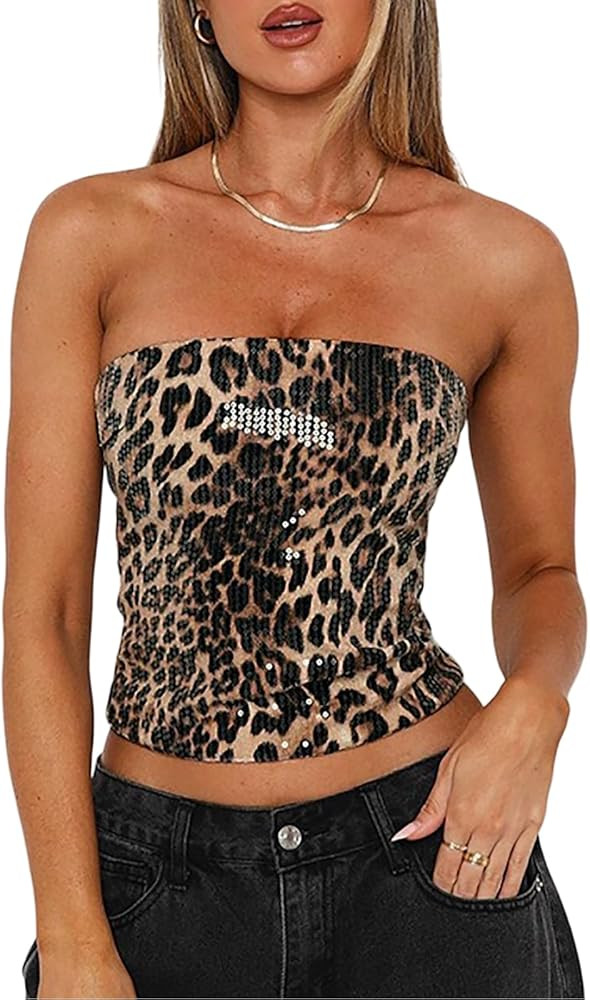 Women's Sequin Leopard Tube Top Stretch Sleeveless Y2k Crop Tops with Zip Sexy Bodycon Vest for N... | Amazon (US)