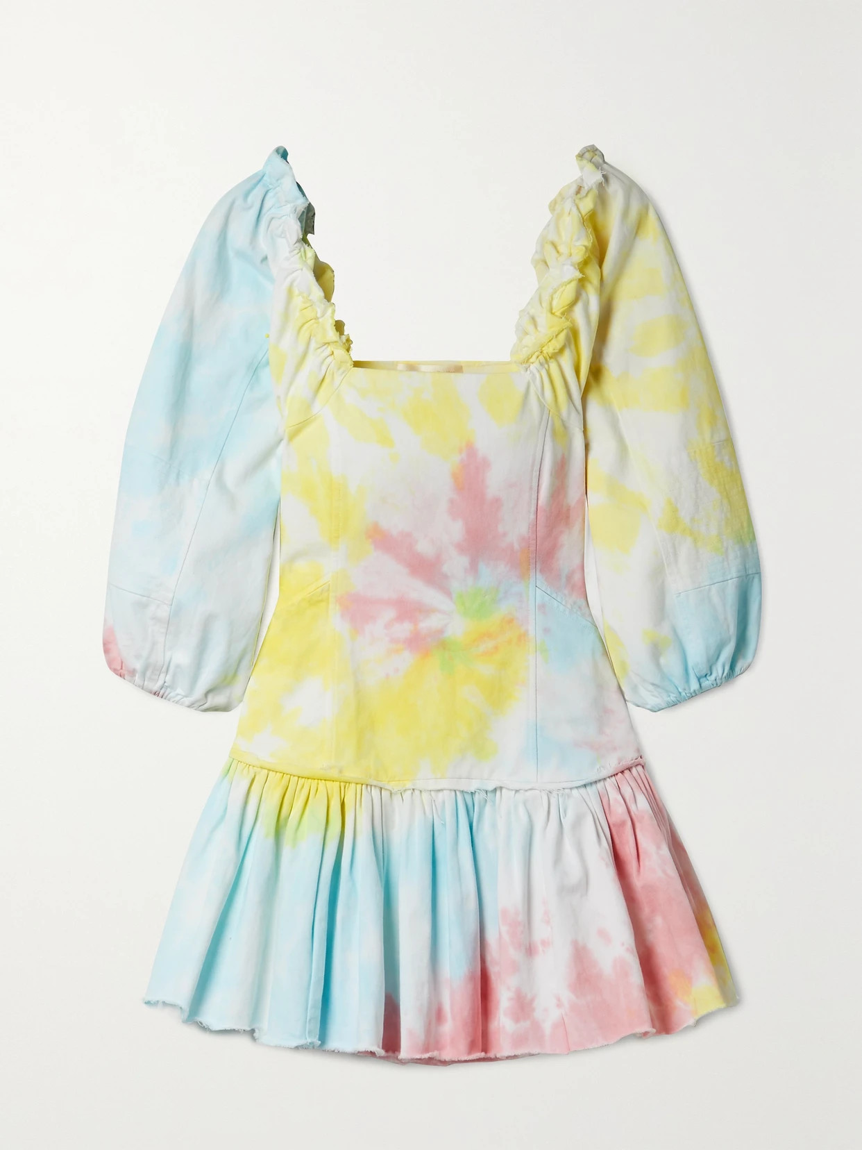 LoveShackFancy - Chai Frayed Tie-dyed Cotton-blend Twill Mini Dress - Pastel yellow | NET-A-PORTER (UK & EU)
