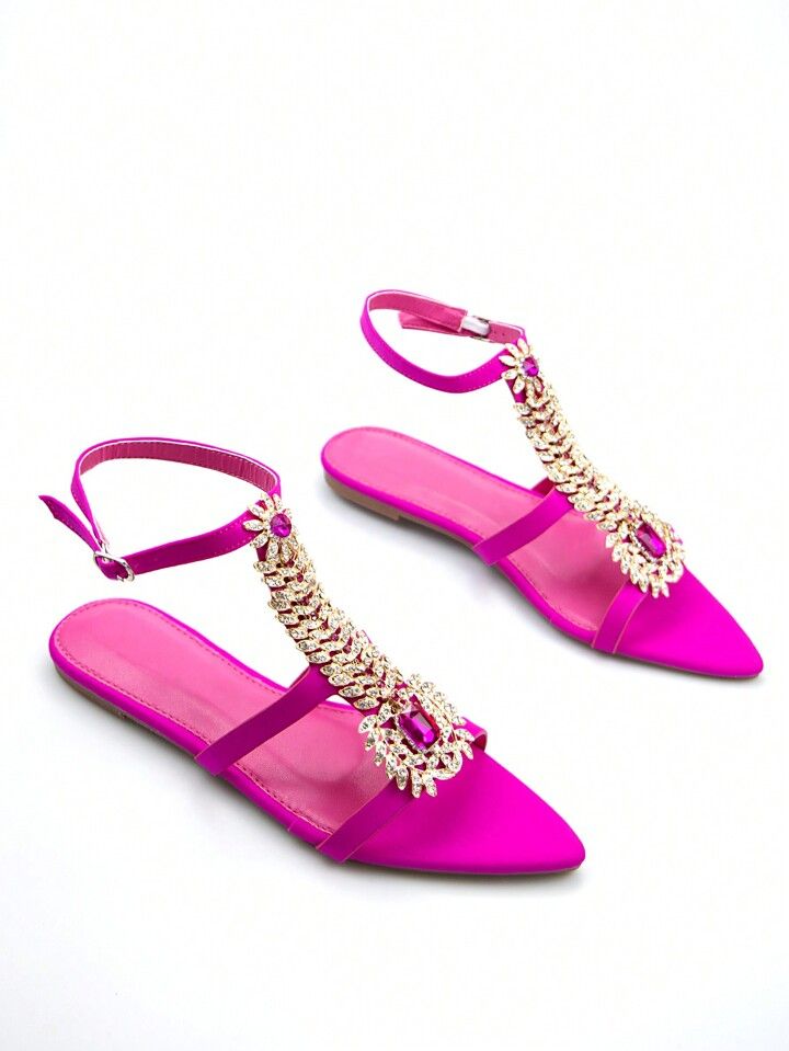 Women's Chic Rhinestone Chain Buckle Decoration Lycra Pointed Toe Slingback Party Flat Sandals | SHEIN