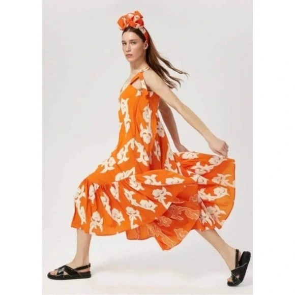 Anthropologie Exquise Phoebe Flounced Maxi Dress Orange Embroidered Small | Poshmark