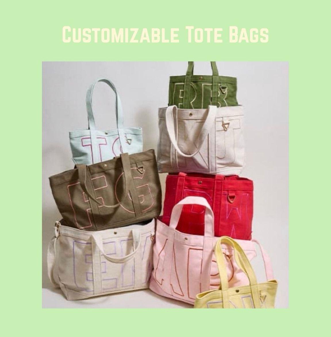 Custom Alpha Tote. Choose your color, choose 2-3 letters, and choose between 3 sizes. This is such a fun accessory or makes a great gift. 

#LTKBeauty #LTKValentine #LTKgrwm