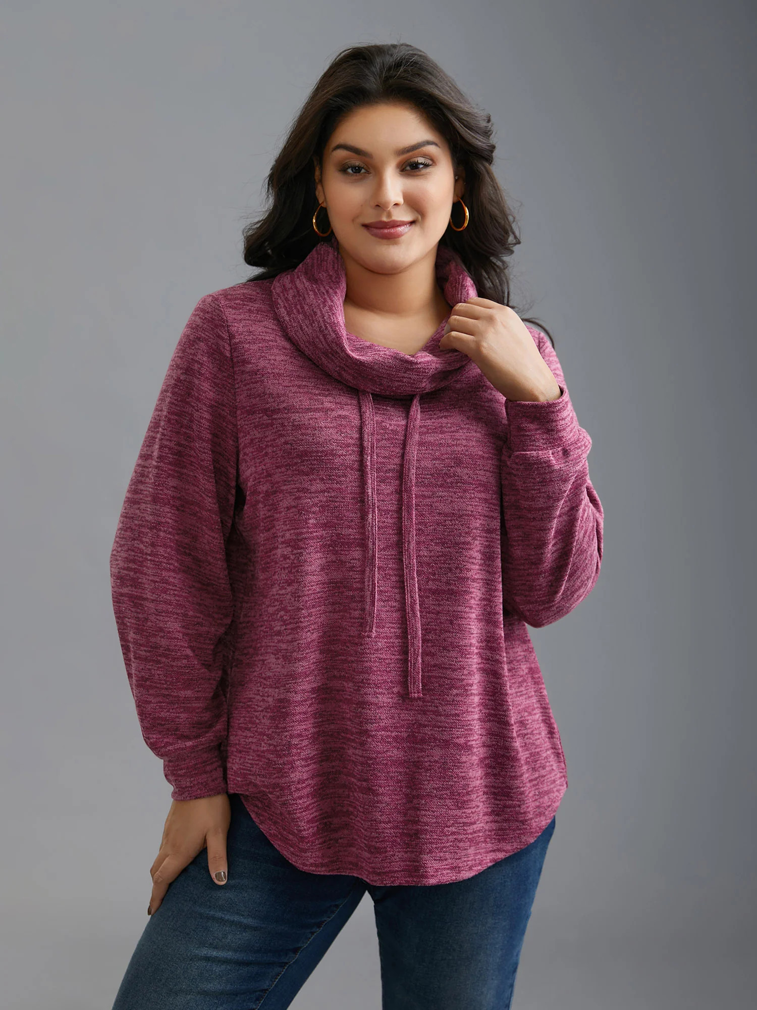 Cowl Neck Plain Heather Drawstring Sweatshirt | Bloomchic