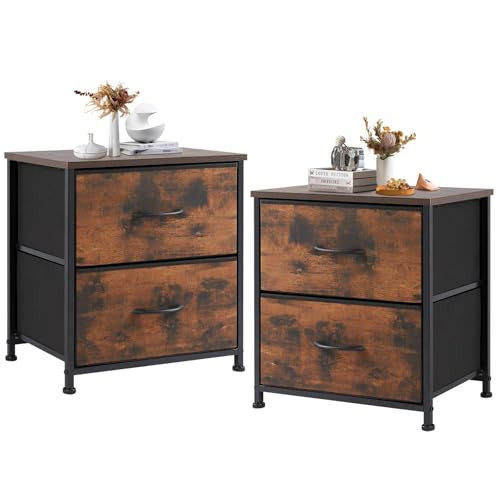 DUMOS Nightstand Small Dresser with 2 Fabric Drawers Side Tables Bedroom End Table Kids Bedside Storage Furniture for 20 inch Tall Night Stand for Closet, Entryway, College Dorm, Rustic Brown(2 Pack) | Amazon (US)