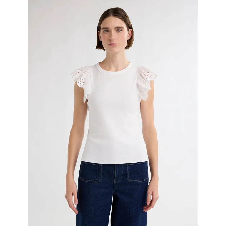 Free Assembly Women's Eyelet Flutter Sleeve Tee, Sizes XS-XXXL | Walmart (US)