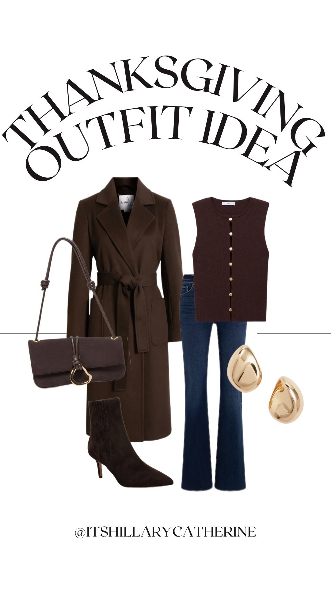 Thanksgiving outfit idea
Espresso brown velvet booties, gold earrings, flare jeans, express jeans, fall outfit, dark brown belted coat, dark brown and gold shoulder bag, Nordstrom 

#LTKSeasonal #LTKHoliday #LTKParties