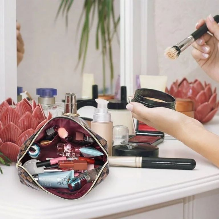 Aokur Makeup Bag Checkered Cosmetic Bag Large Travel Toiletry Organizer for Women Girls Brown - W... | Walmart (US)