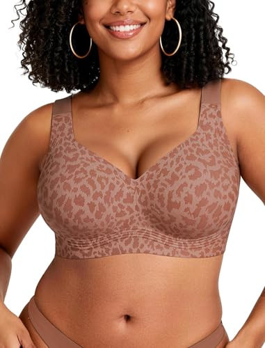 OEAK Womens Wireless Bras Supportive Seamless Full Coverage Bra Push Up Comfortable Bra No Underwire Everyday Tshirt Bras Brown Leopard 3XL | Amazon (US)