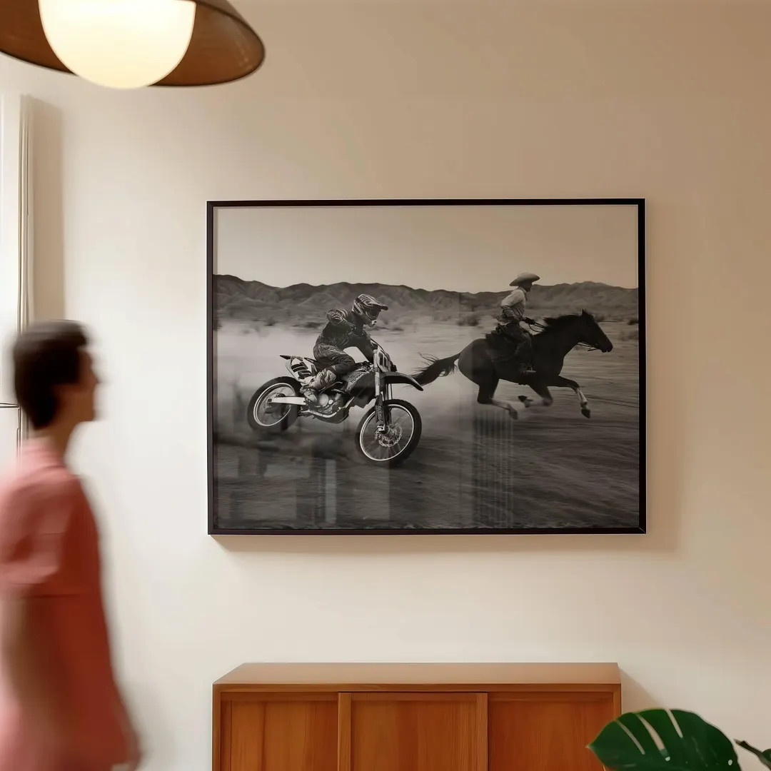 Black and White Cowboy vs Motocross Racing Wall Art, Western Modern Masculine Decor, Printable Di... | Etsy (US)