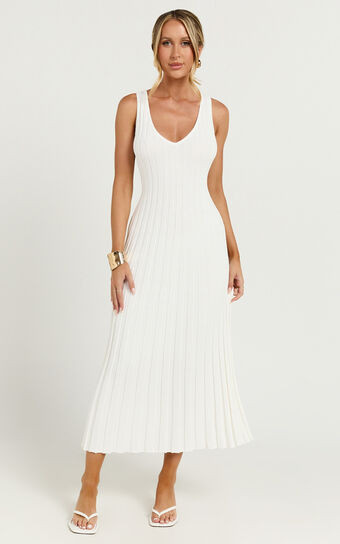 Maya Midi Knit Dress - Sleeveless V Neck Knited Dress in White | Showpo (US, UK & Europe)