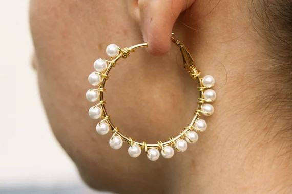 Pearl Hoop Earrings 18k Gold Earring Bridesmaid Gift Wire | Etsy | Etsy (US)