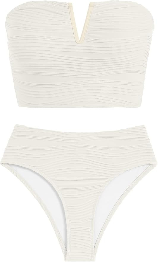 ZAFUL Womens Bandeau Bikini Set Strapless Textured Two Piece Lace up Bathing Suits High Waisted V... | Amazon (US)