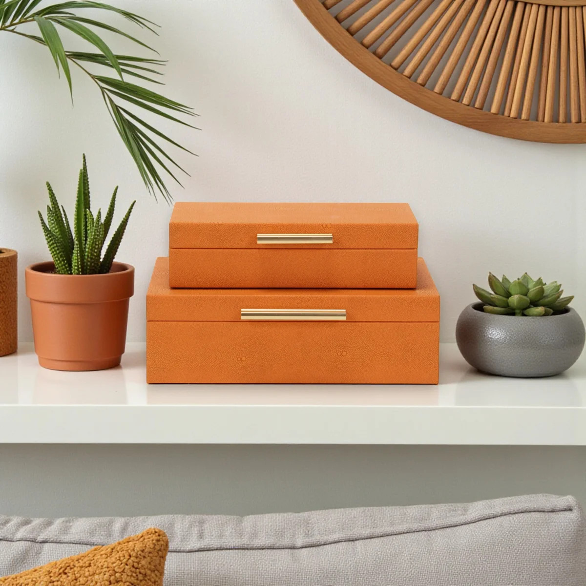 RebekaSet of 2 Rectangular Nesting Decorative Storage Boxes, Modern Embossed Finish - Orange Faux... | Wayfair North America
