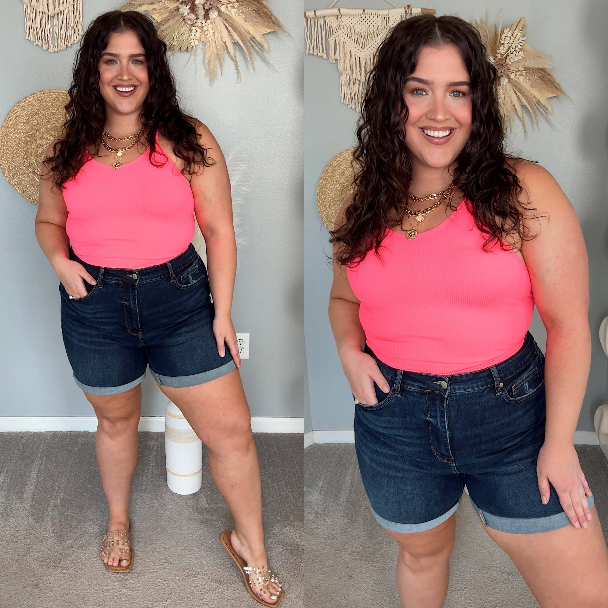 Casual summer everyday outfit inspo 💖 Hot pink long crop tank top comes in pack of 3 for $22! Lots of color combos. Wearing size XL/XXL 
Curvy denim shorts with great coverage and length. Can be worn cuffed or uncuffed! Size 2X 

#LTKPlusSize #LTKStyleTip #LTKMidsize