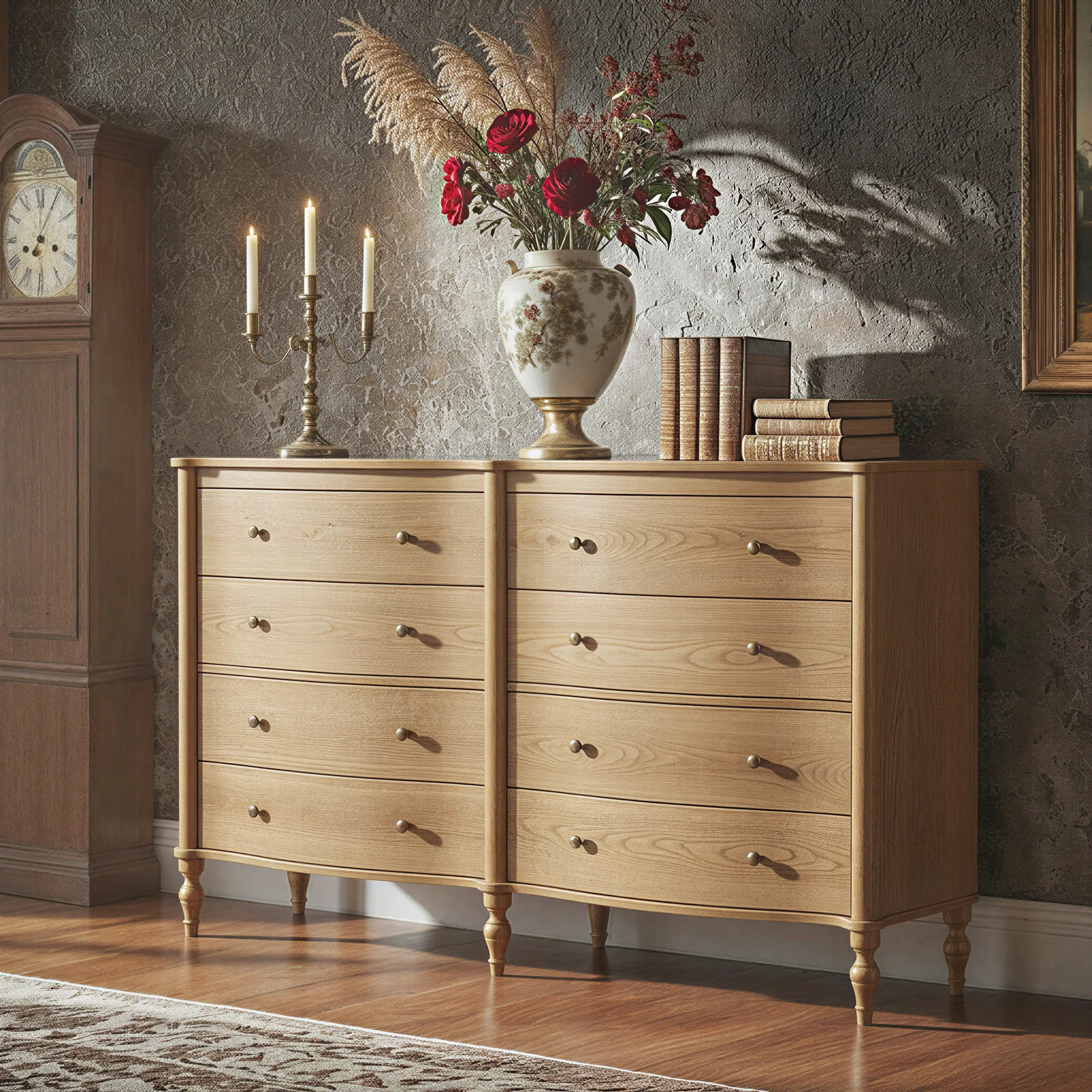 Elegant 8-Drawer Dresser with Solid Wood Legs, Vintage Curved Front Chest of Drawers for Bedroom ... | Overstock