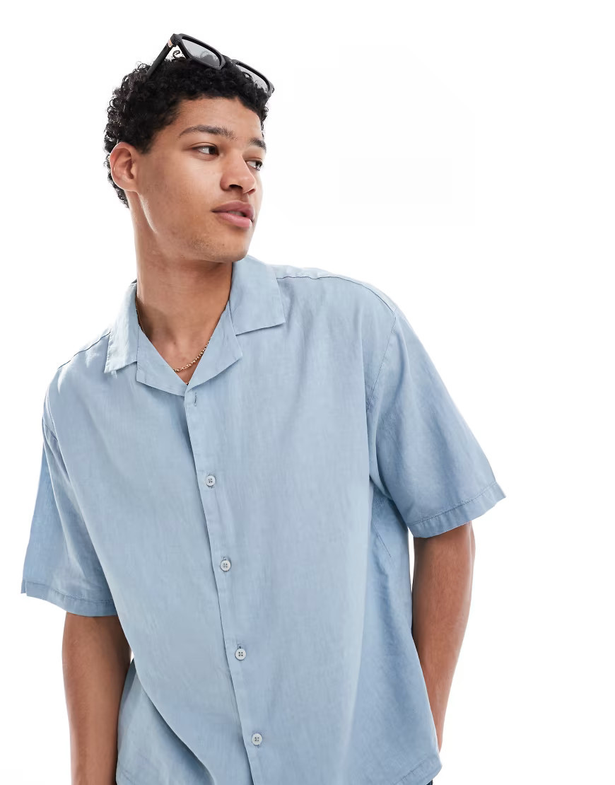Pull&Bear linen rich camp collar neck shirt in petrol blue | ASOS (Global)