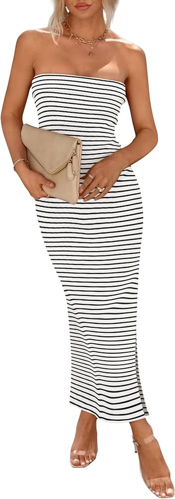 Amazon.com: PRETTYGARDEN Women's Summer Bodycon Maxi Tube Dress Ribbed Strapless Side Slit Long G... | Amazon (US)