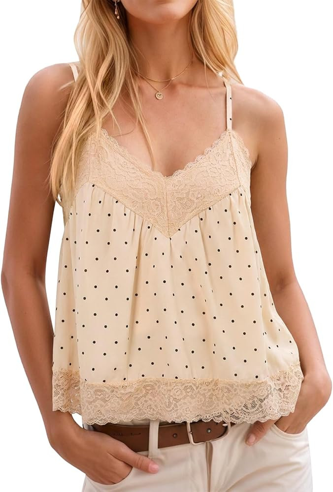 Yousify Women's Y2k Lace Cami Tops V Neck Babydoll Spaghetti Strap Going Out Tops Summer Cute Flo... | Amazon (US)