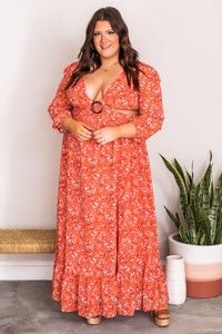 Depend On You Red Cutout Floral Ring Link Maxi Dress- Pink Lily Boutique- Plus Size | The Pink Lily Boutique