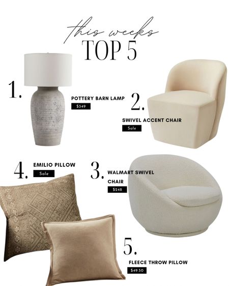 This weeks top 5!! My Pottery Barn Table
Lamp, and throw pillows which are currently on sale!! Loving the browns for the fall season. And I am seeing a trend with these beautiful accent swivel chairs. They both affordable options to the designer look. 

#LTKhome #LTKstyletip #LTKsalealert