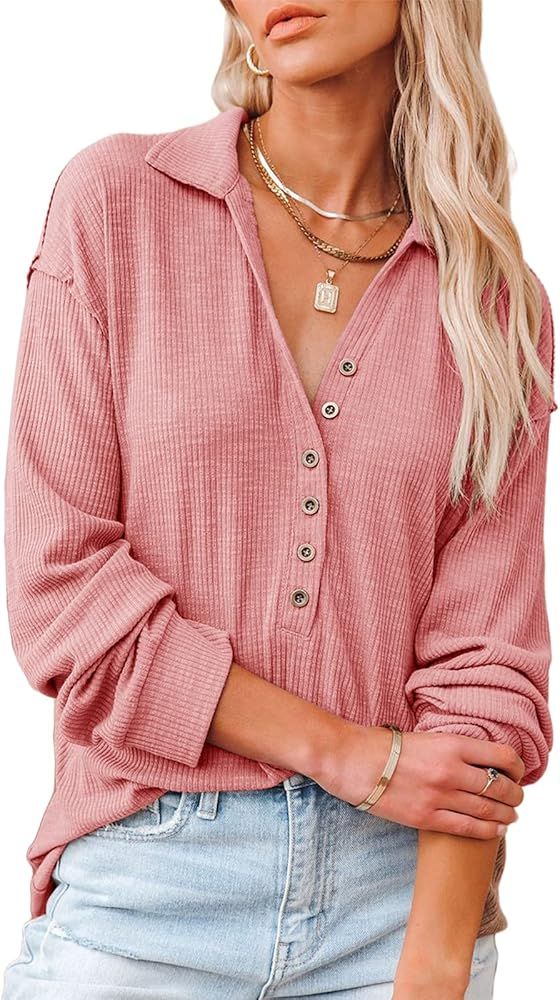 Tutorutor Womens Sexy V Neck Button Down Henley Shirts Oversized Long Sleeve Athletic Sweatshirt Hoo | Amazon (US)